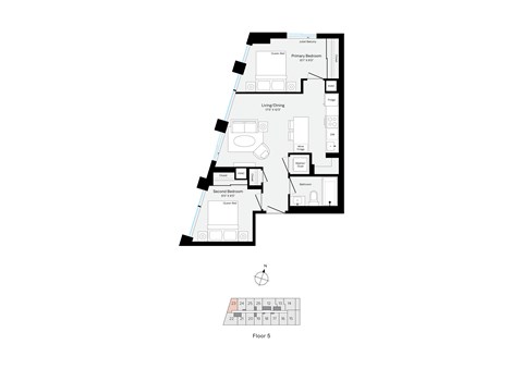 Floor plan for 2 beds, 1 bath, 663 sqft